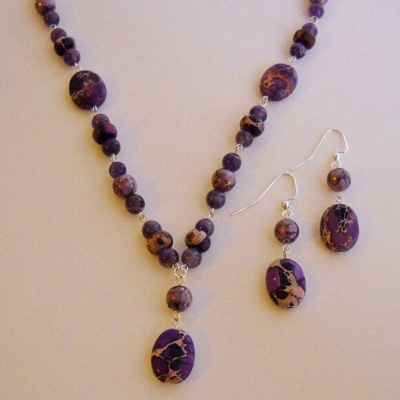 Purple Jasper Amethyst Necklace Earring Set Beaded Gemstone Handcrafted New Gift